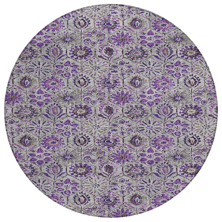 8' Purple And Gray Round Floral Washable Indoor Outdoor Area Rug - Purple, Gray