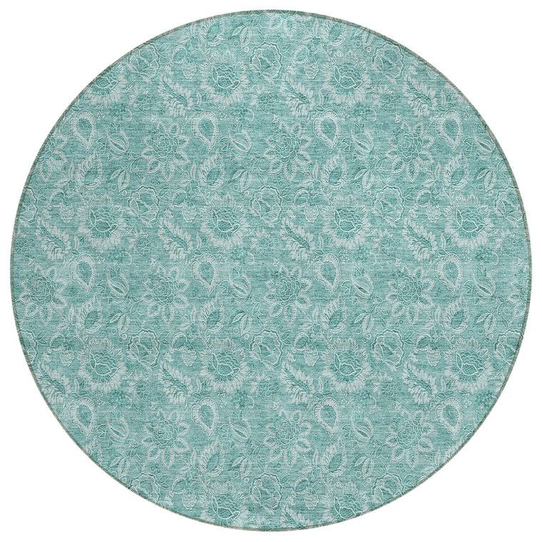 8' Teal Blue And Aqua Round Floral Washable Indoor Outdoor Area Rug
