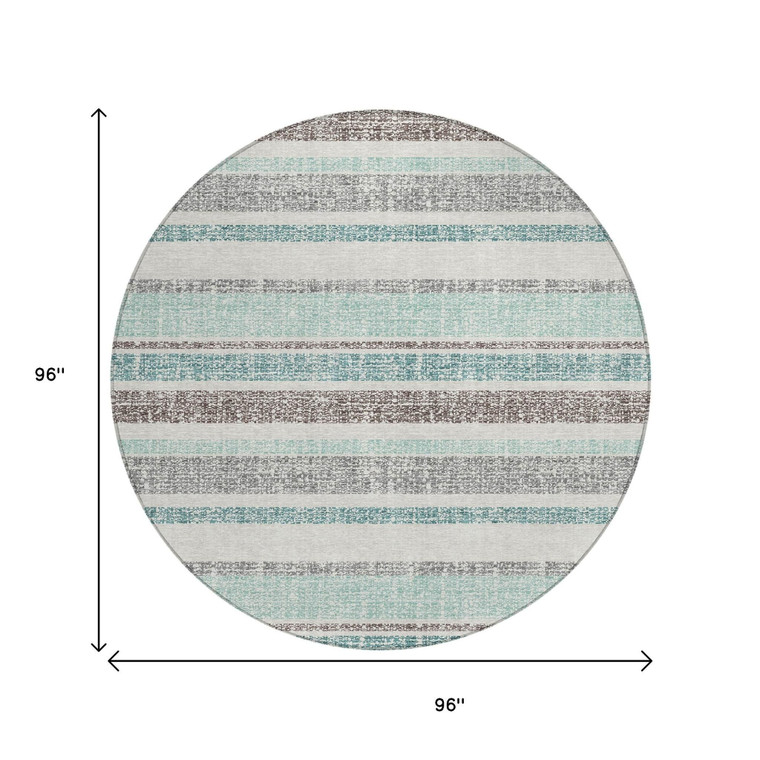 8' Teal Blue And Gray Round Striped Washable Indoor Outdoor Area Rug - 880016416534