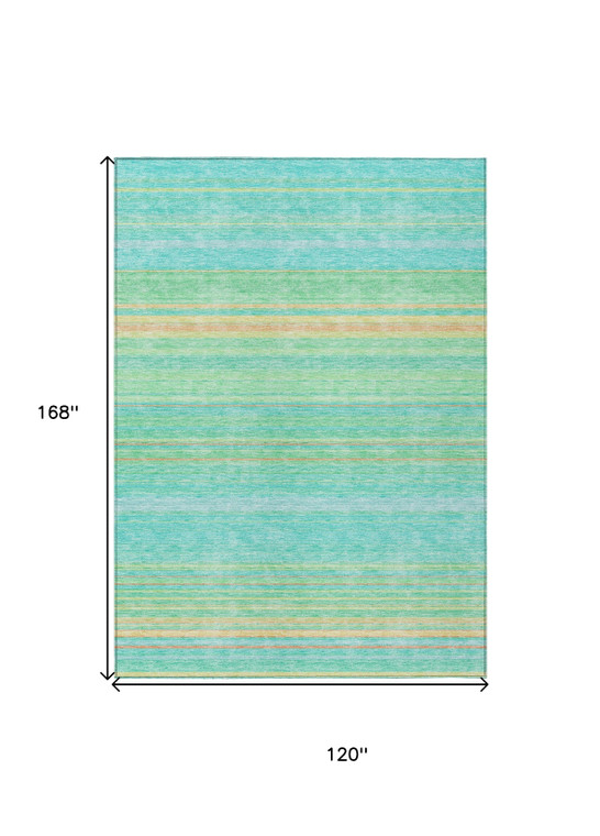 10' X 14' Aqua Green And Yellow Striped Washable Indoor Outdoor Area Rug