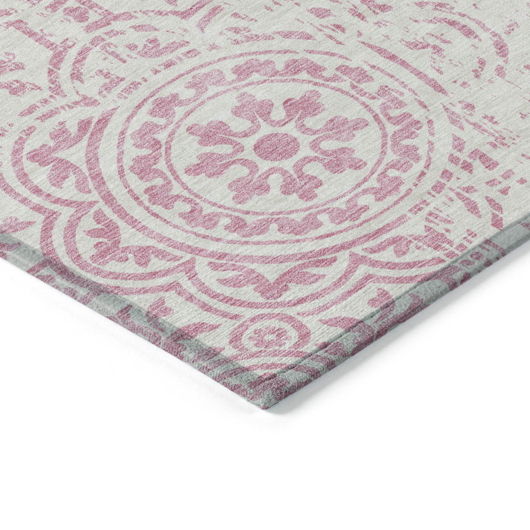 10' X 14' Pink And Ivory Medallion Washable Indoor Outdoor Area Rug
