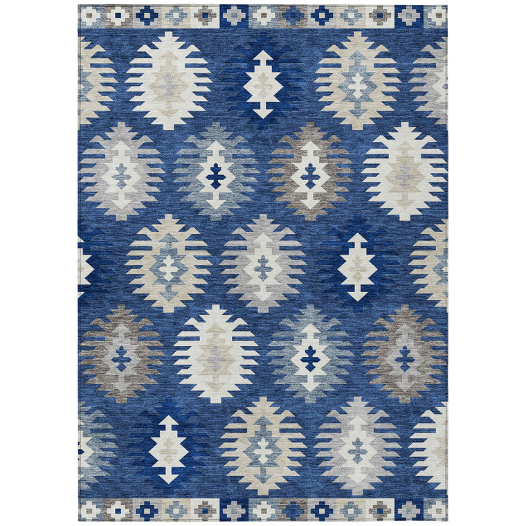 8' X 10' Navy Blue Ivory And Gray Southwestern Washable Indoor Outdoor Area Rug