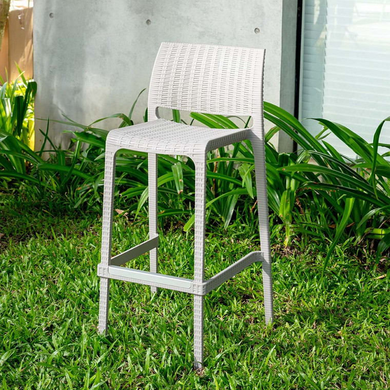 Set of Two 30" White Faux Rattan Low Back Outdoor Bar Height Chairs