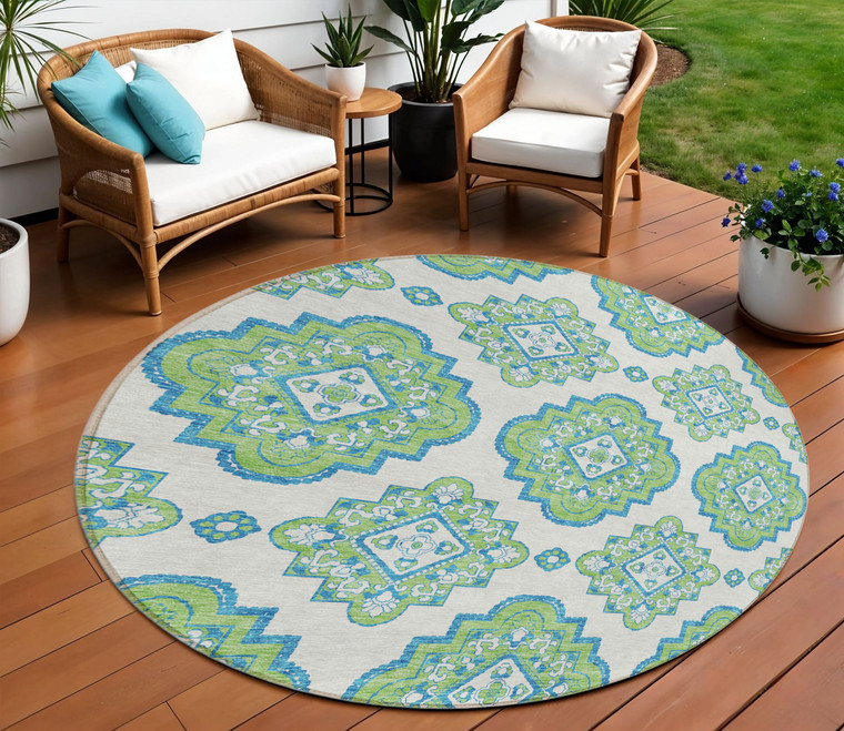 8' Lime Green And Ivory Round Medallion Washable Indoor Outdoor Area Rug