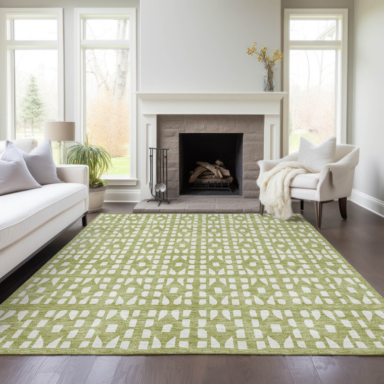 9' X 12' Sage And Ivory Geometric Washable Indoor Outdoor Area Rug - Sage, Ivory