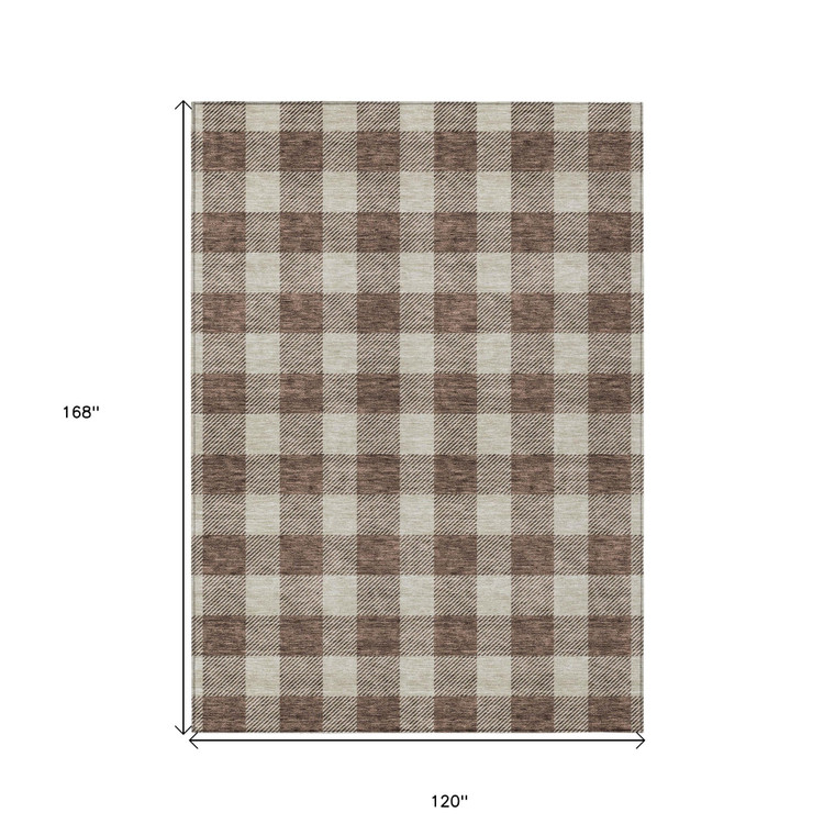 10' X 14' Brown And Beige Plaid Washable Indoor Outdoor Area Rug