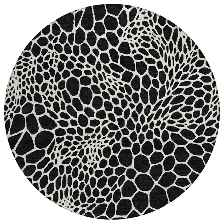 8' Black And Ivory Round Geometric Washable Indoor Outdoor Area Rug Transitional Style - Black, Ivory Color