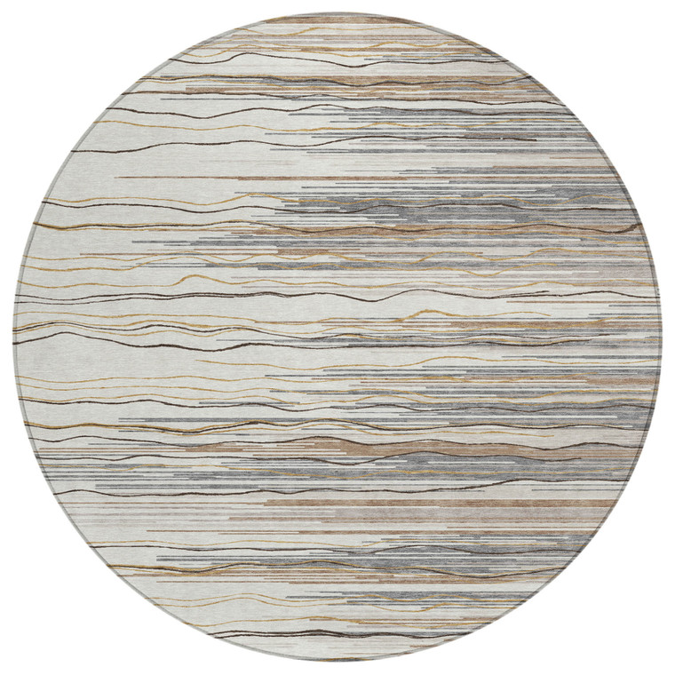 8' Ivory Brown And Gray Round Striped Washable Indoor Outdoor Area Rug