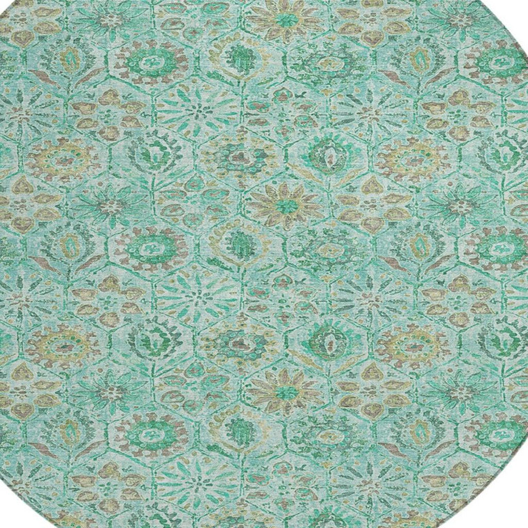 8' Aqua And Beige Round Floral Washable Indoor Outdoor Area Rug