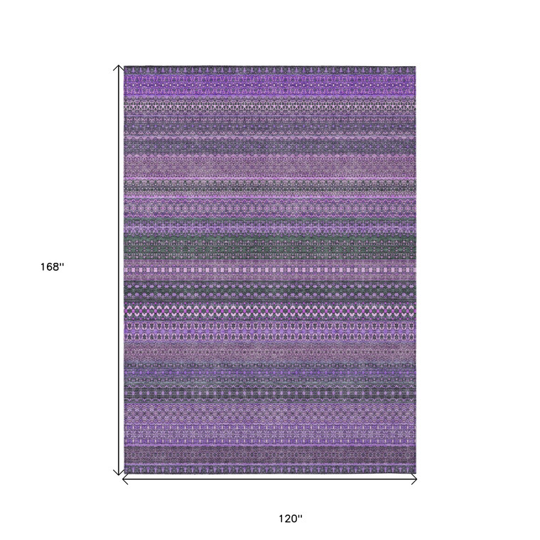 10' X 14' Purple Striped Washable Non Skid Indoor Outdoor Area Rug