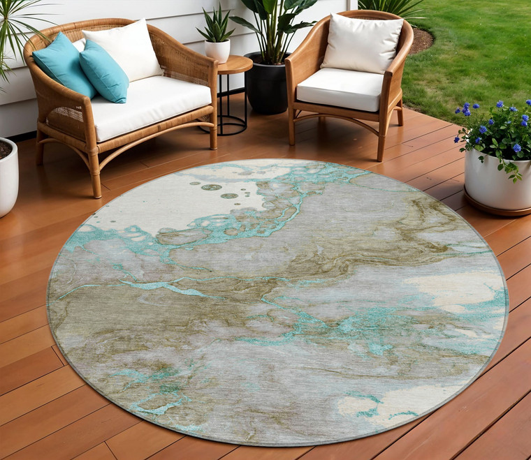8' Teal Blue And Brown Round Abstract Washable Indoor Outdoor Area Rug - Teal Blue, Brown