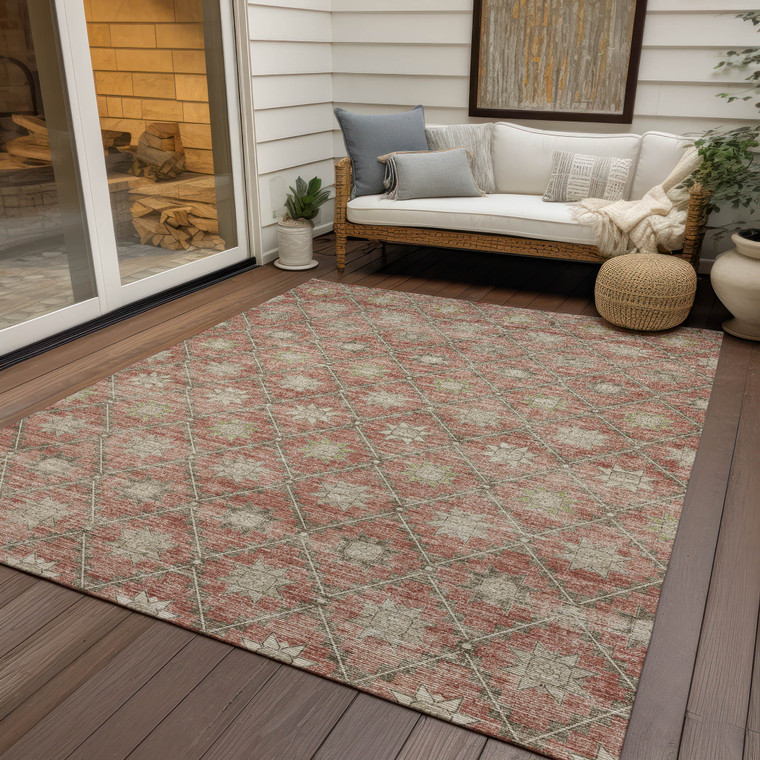 9' X 12' Terra Cotta And Beige Floral Washable Indoor Outdoor Area Rug