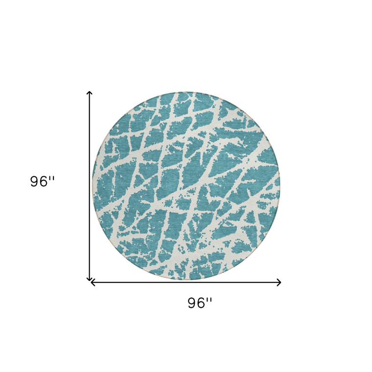 8' Round Teal Round Abstract Washable Non Skid Indoor Outdoor Area Rug