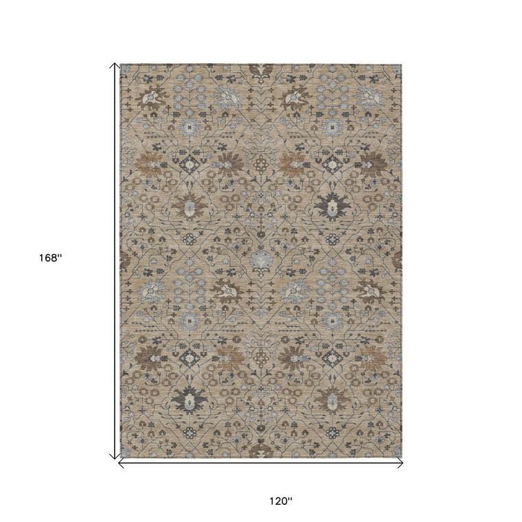 10' X 14' Taupe Brown And Gray Oriental Washable Indoor Outdoor Area Rug - 608219219574
