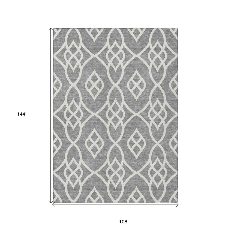 9' X 12' Gray And Ivory Trellis Washable Indoor Outdoor Area Rug