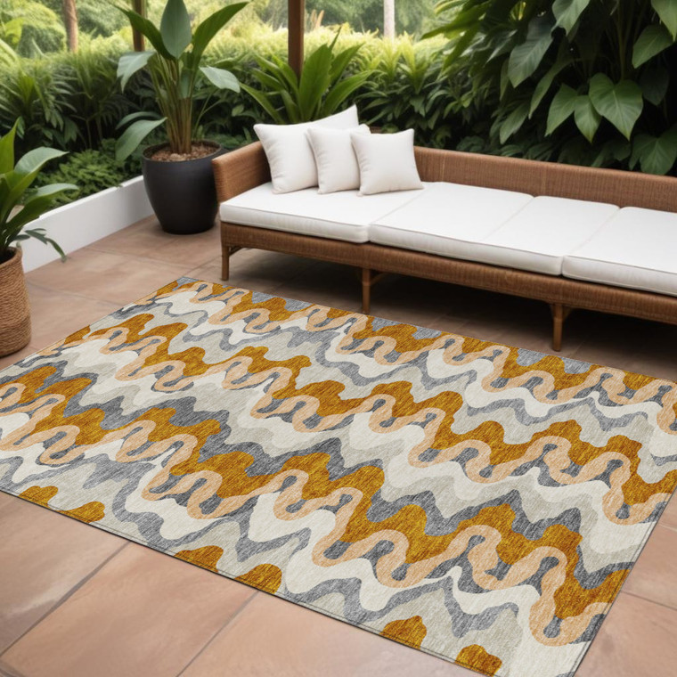 8' X 10' Terra Cotta Copper And Gray Abstract Washable Indoor Outdoor Area Rug