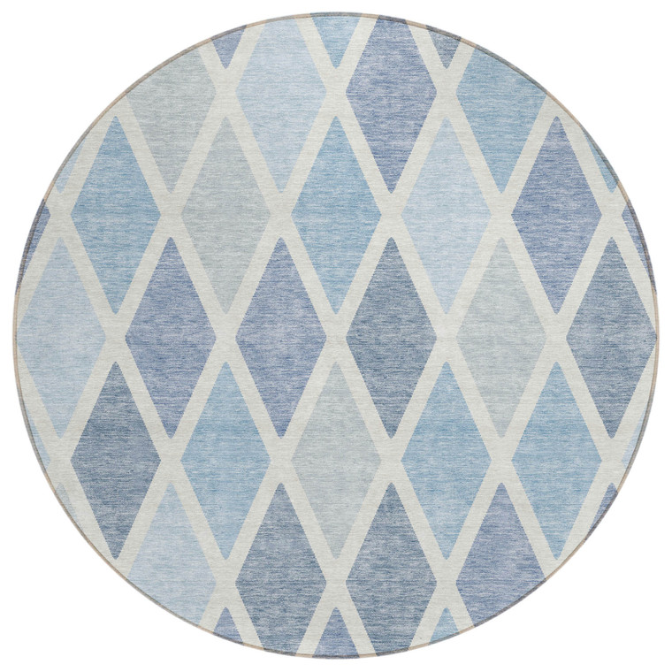 8' Sky Blue And Ivory Round Geometric Washable Indoor Outdoor Area Rug Transitional Style - Sky Blue, Ivory Color