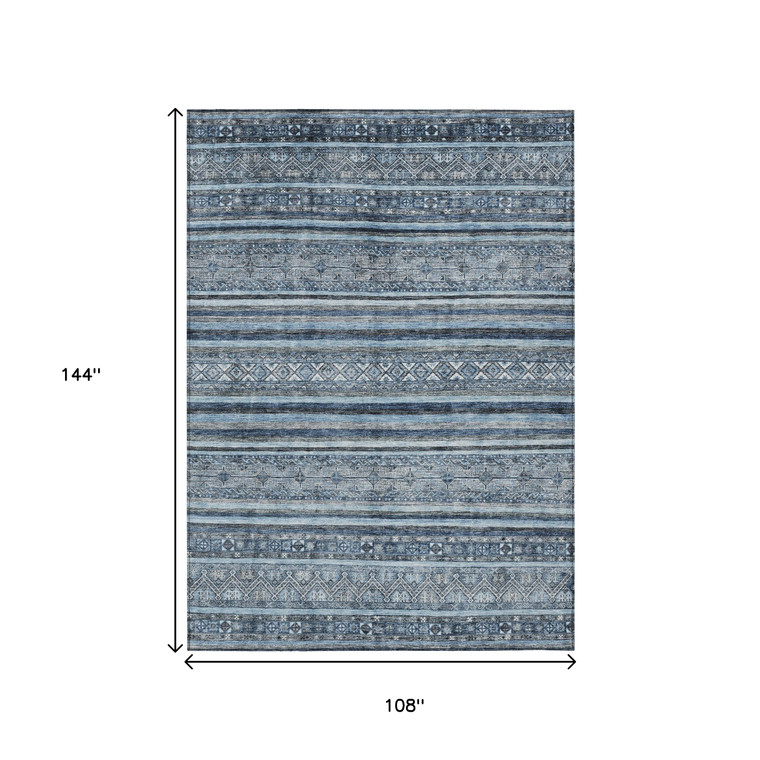 9' X 12' Blue And Gray Oriental Washable Indoor Outdoor Area Rug