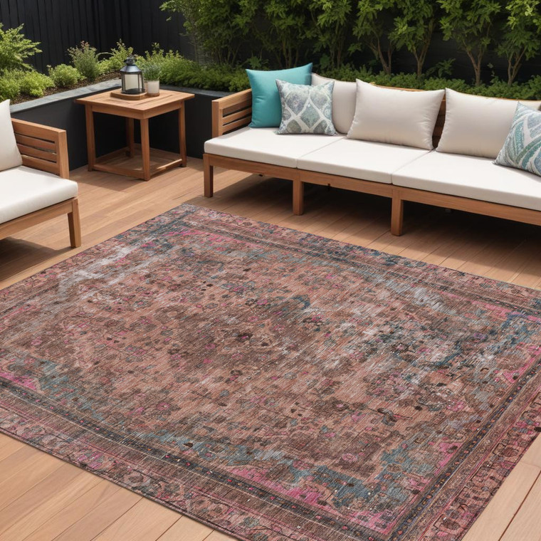 8' X 10' Pink And Mauve Medallion Washable Indoor Outdoor Area Rug