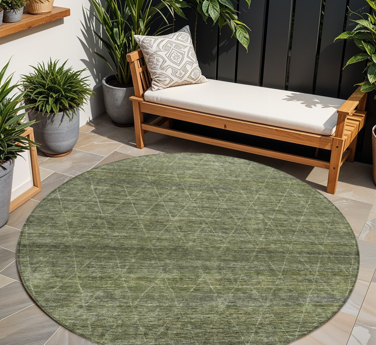 8' Olive Green And Ivory Round Geometric Washable Indoor Outdoor Area Rug Transitional Style - Olive Green, Ivory Color