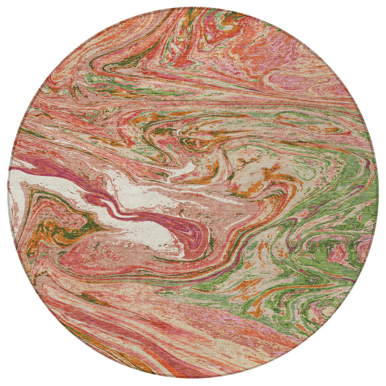 8' Coral Green And Ivory Round Abstract Washable Indoor Outdoor Area Rug