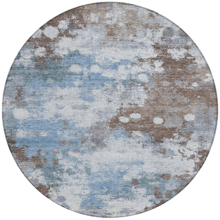 8' Brown And Sky Blue Round Abstract Washable Indoor Outdoor Area Rug