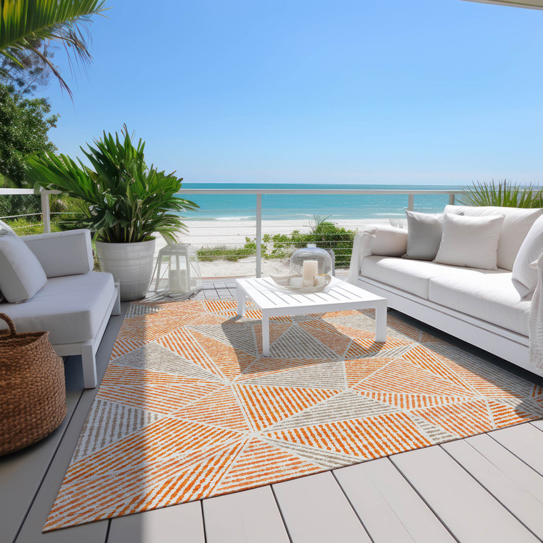 9' X 12' Orange Gray And Silver Geometric Washable Indoor Outdoor Area Rug