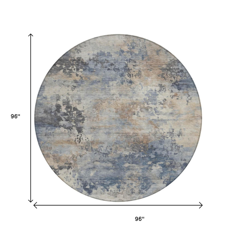 8' Denim Blue Beige And Charcoal Round Abstract Washable Indoor Outdoor Area Rug