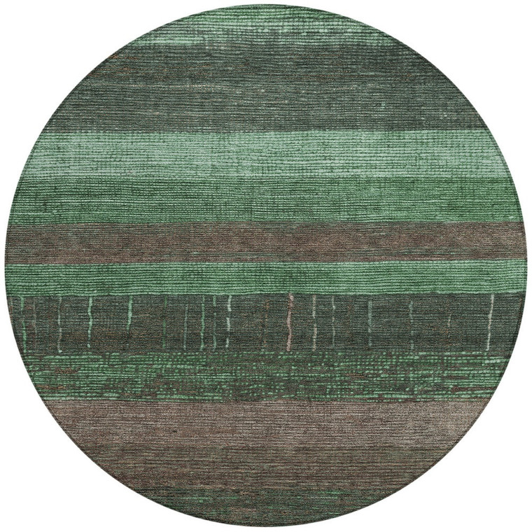 8' Green And Khaki Round Striped Washable Indoor Outdoor Area Rug