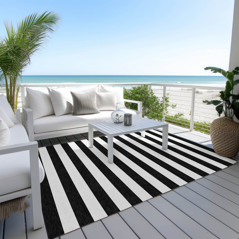 8' X 10' Black and White Striped Washable Non Skid Indoor Outdoor Area Rug