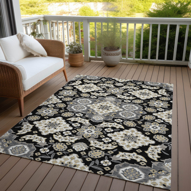 8' X 10' Black Gray And Beige Medallion Washable Indoor Outdoor Area Rug