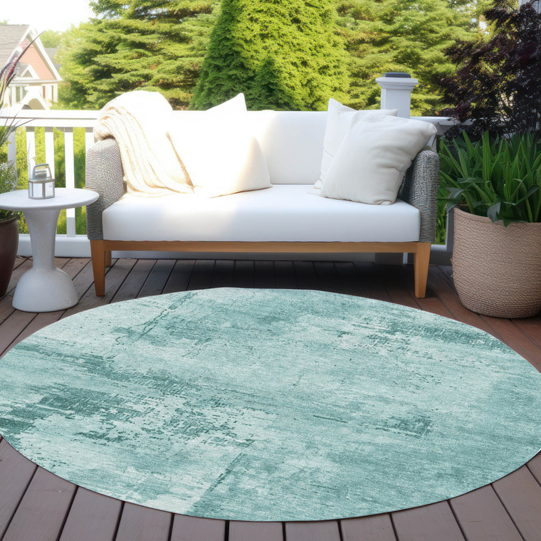 8' Teal Blue And Ivory Round Abstract Washable Indoor Outdoor Area Rug - 608219354480