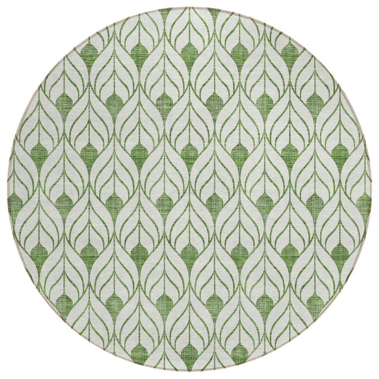 8' Green And Ivory Round Geometric Washable Indoor Outdoor Area Rug Transitional Style - Green, Ivory Color