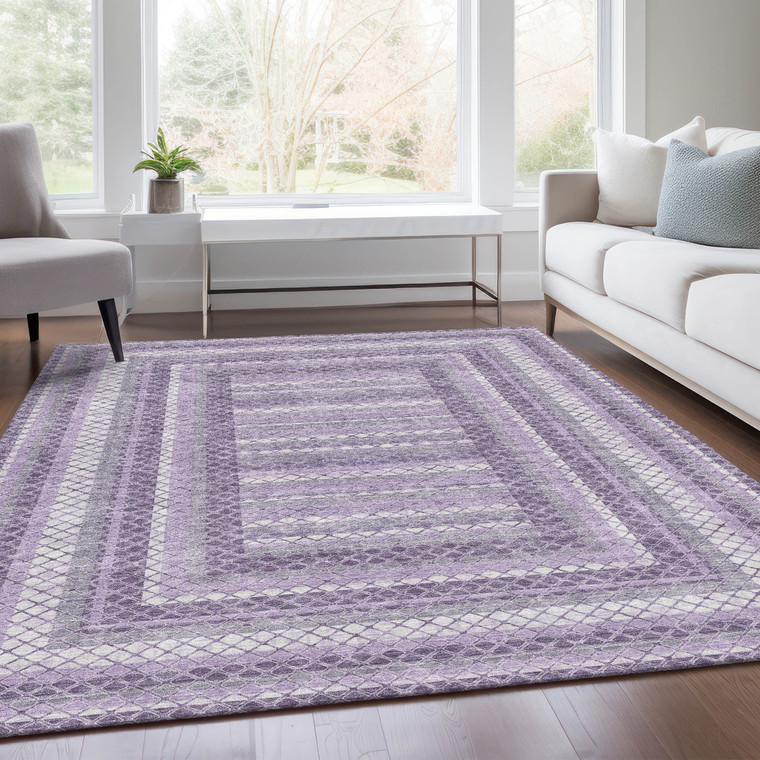 8' X 10' Lavender And Ivory Geometric Washable Indoor Outdoor Area Rug - Lavender, Ivory