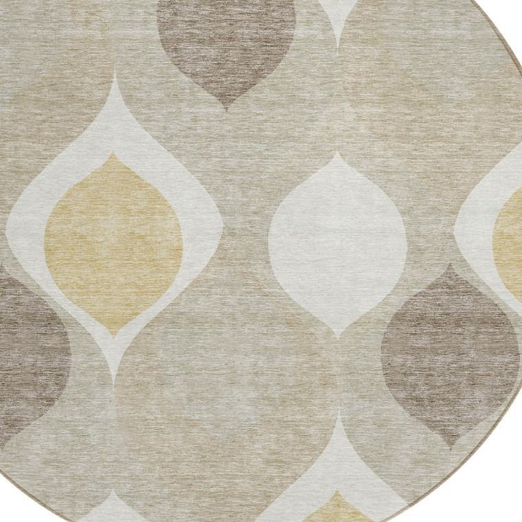 8' Beige Taupe And Ivory Round Ogee Washable Indoor Outdoor Area Rug
