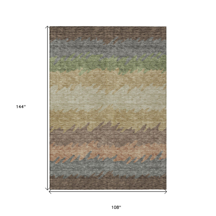 9' X 12' Chocolate Gray And Green Striped Washable Indoor Outdoor Area Rug