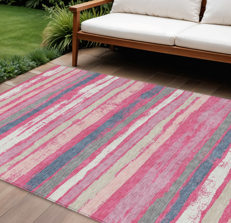 8' X 10' Pink Gray And Green Striped Washable Indoor Outdoor Area Rug