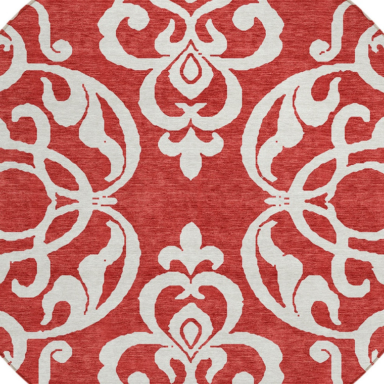 8' Red And Ivory Round Damask Washable Indoor Outdoor Area Rug - Red, Ivory