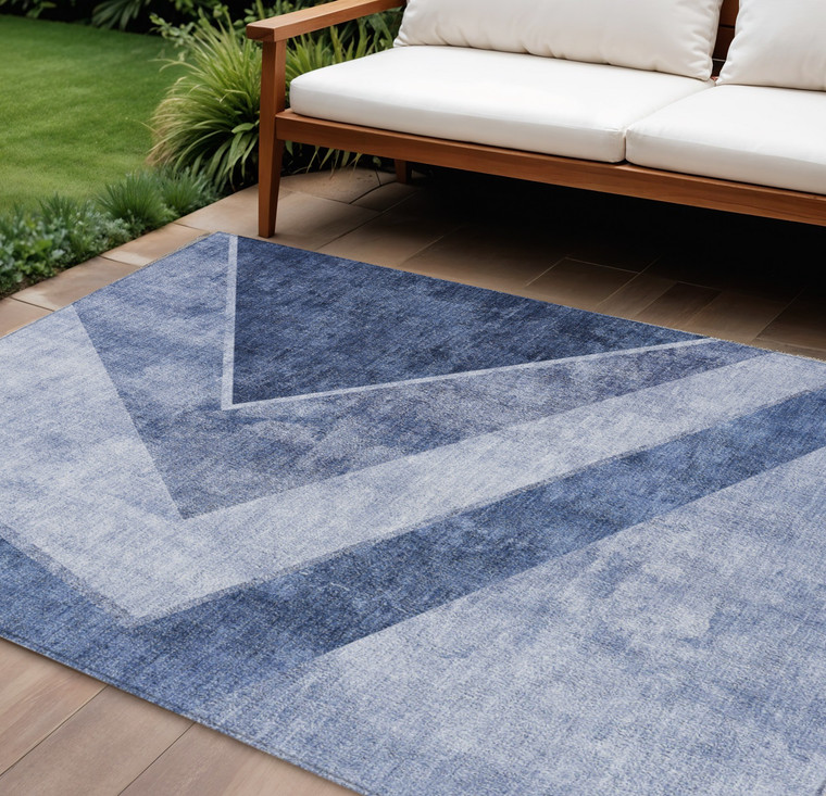 10' X 14' Navy Blue And Denim Blue Geometric Washable Indoor Outdoor Area Rug