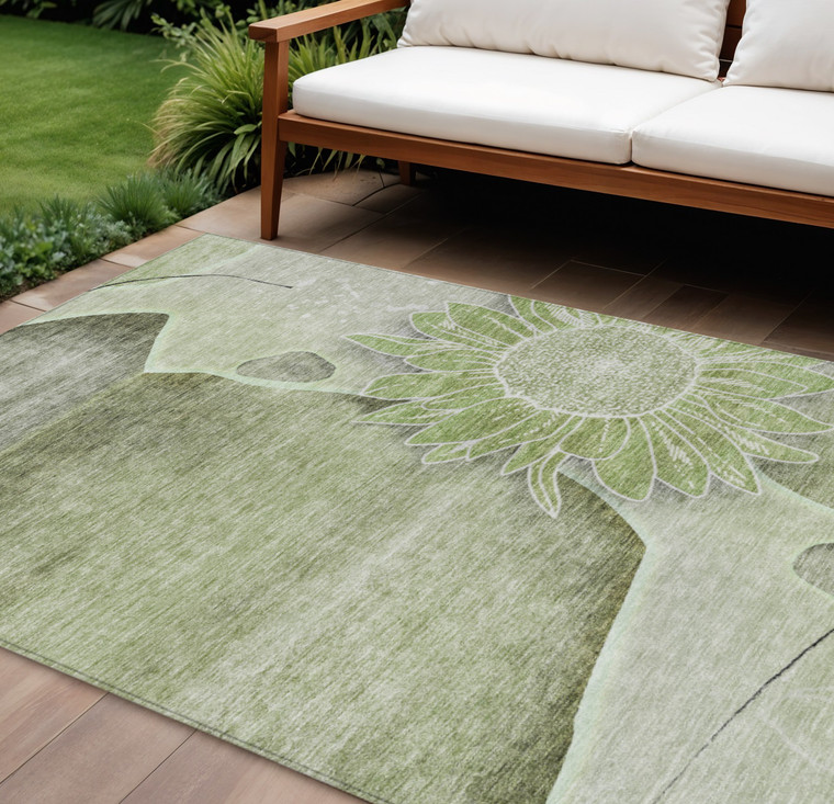 9' X 12' Artichoke Green And Gray Floral Washable Indoor Outdoor Area Rug