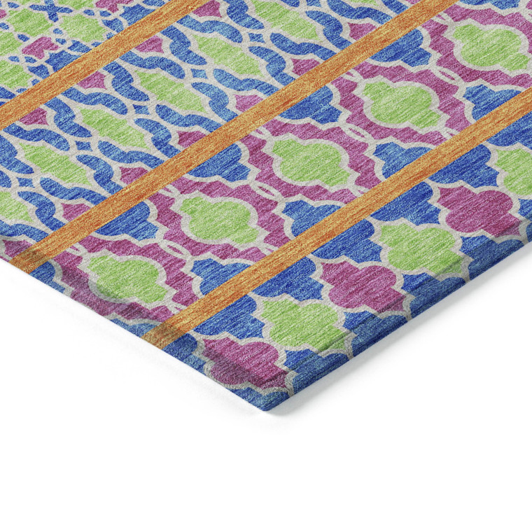 8' Blush Blue And Lime Green Round Quatrefoil Washable Indoor Outdoor Area Rug