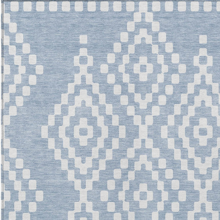 9' X 12' Denim Blue And Ivory Geometric Washable Indoor Outdoor Area Rug