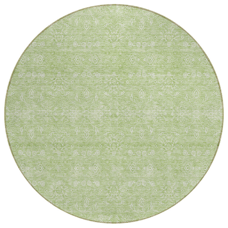 8' Artichoke Green Mint Green And Ivory Round Floral Washable Indoor Outdoor Area Rug - Artichoke Green, Mint Green, Ivory