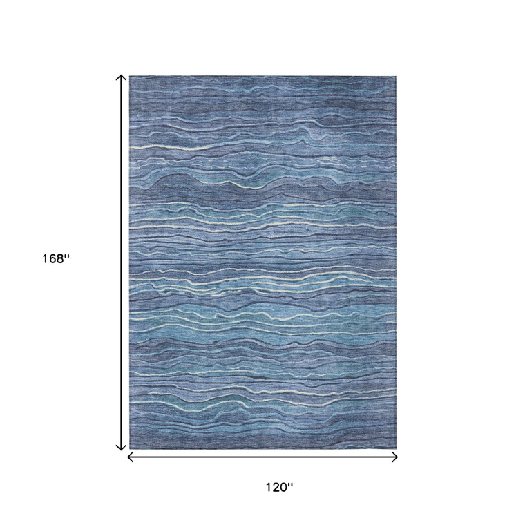 10' X 14' Denim Blue And Sky Blue Abstract Washable Indoor Outdoor Area Rug - Denim Blue, Sky Blue