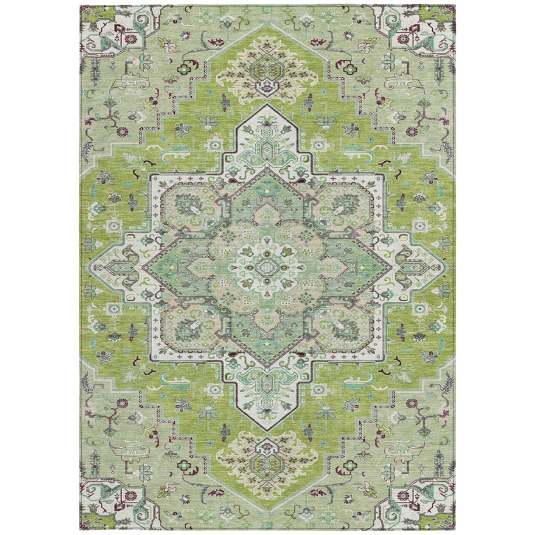 8' X 10' Green Ivory And Brown Oriental Washable Indoor Outdoor Area Rug