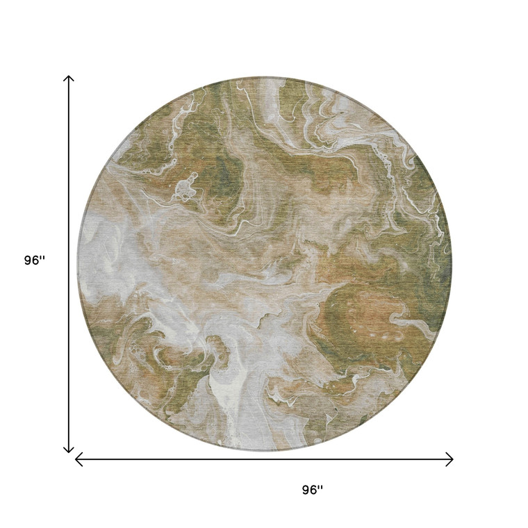 8' Brown And Ivory Round Abstract Washable Indoor Outdoor Area Rug - Brown, Ivory