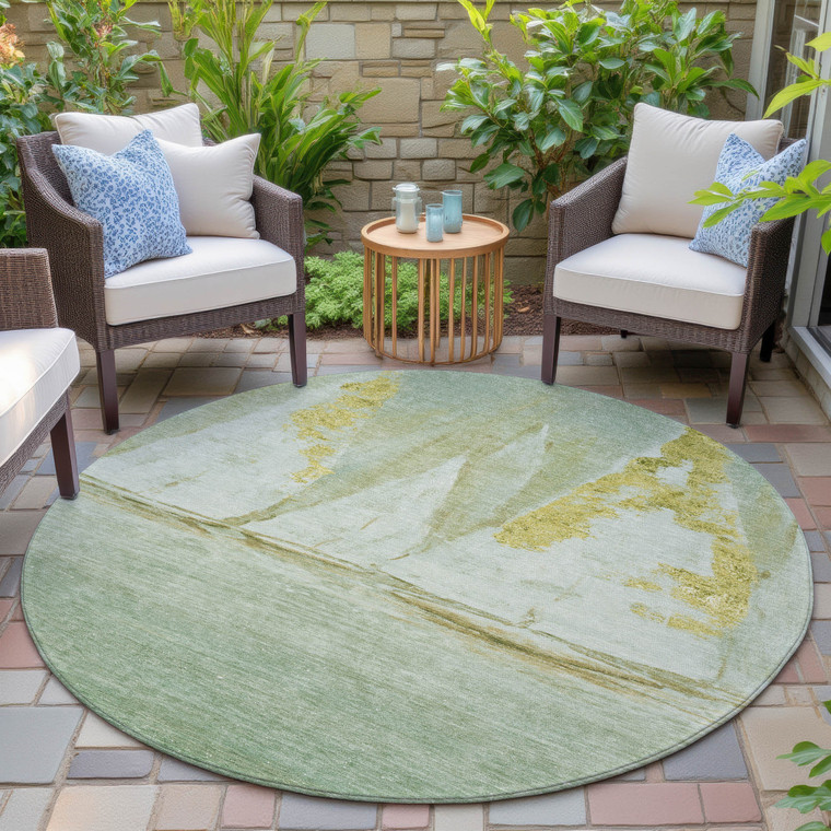 8' Green And Gold Round Nautical Washable Indoor Outdoor Area Rug