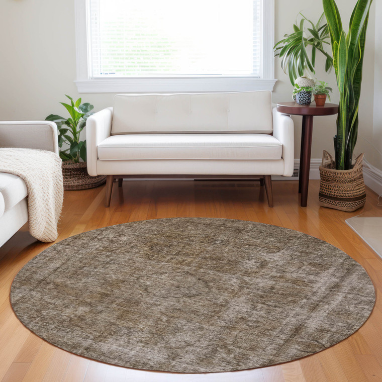 8' Brown And Beige Round Medallion Washable Indoor Outdoor Area Rug
