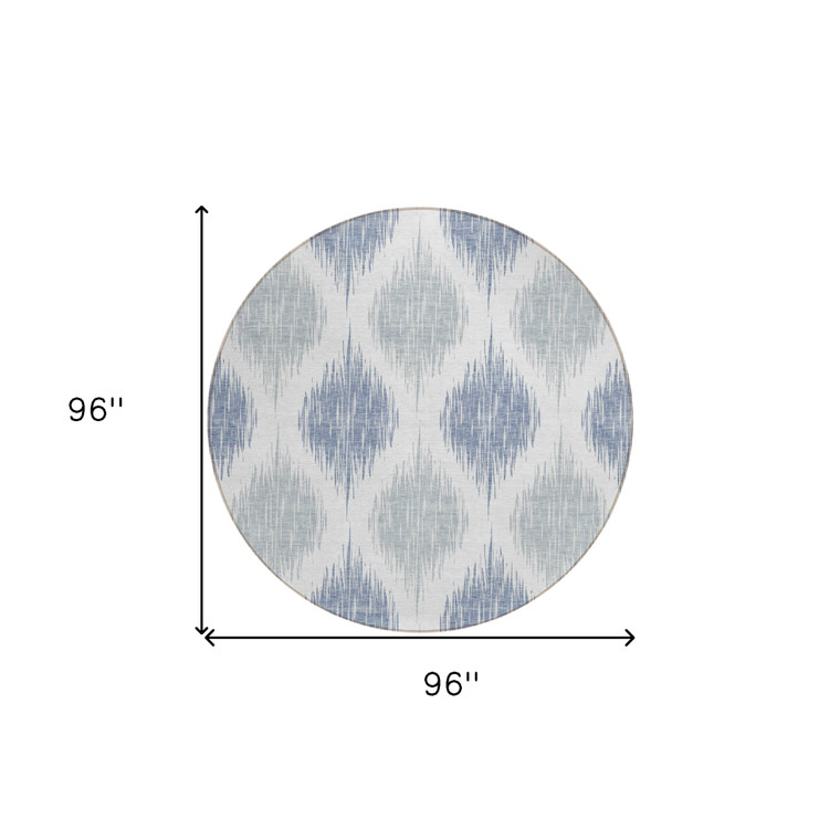8' Sky Blue Ivory And Denim Blue Round Ikat Washable Indoor Outdoor Area Rug