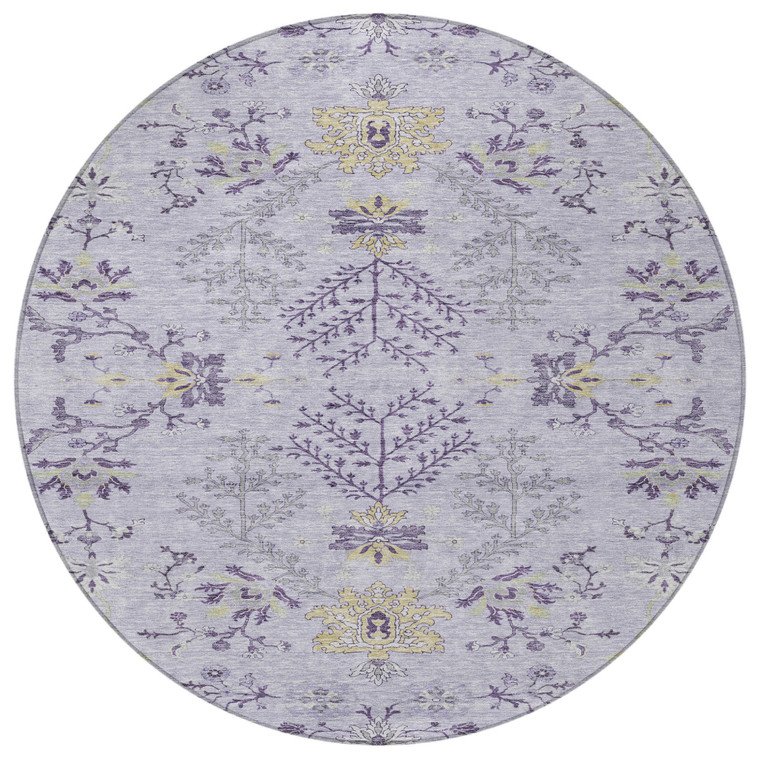8' Lavender Purple And Gray Round Floral Washable Indoor Outdoor Area Rug - Lavender, Purple, Gray